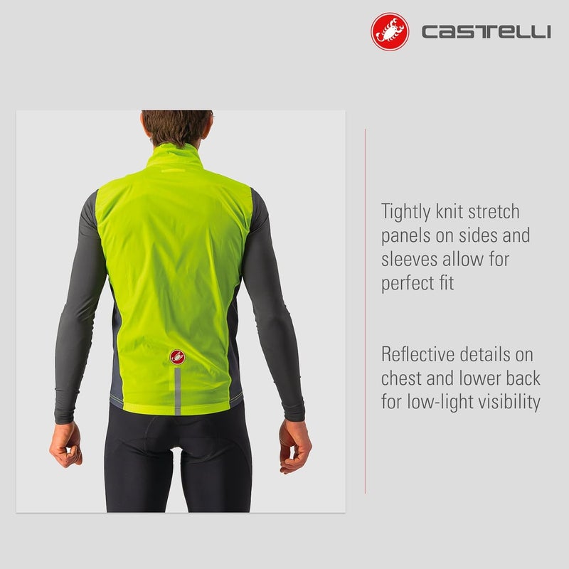 Castelli Men's Squadra Stretch Vest, Windproof Full Lenth Zip Shell with High Collar for Road and Gravel Biking I Cycling - Electric Lime/Dark Gray - Large - Image 3